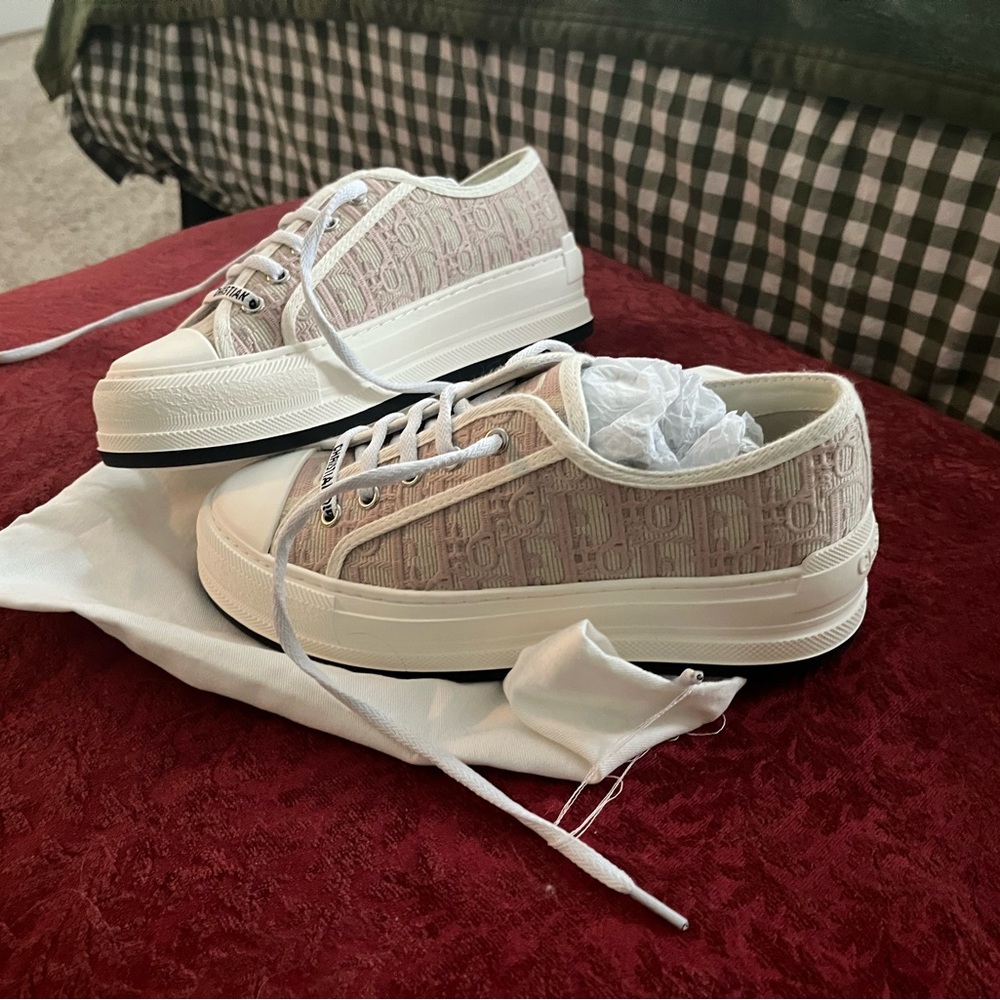 Inspired Pink and White oblique Canvas Sneakers with Rubber Soles - Picture 2 of 3